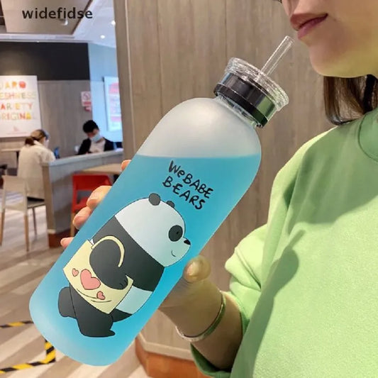 Panda Water Bottle with 2 Caps & Straw – 600ml Leakproof BPA-Free Travel Bottle